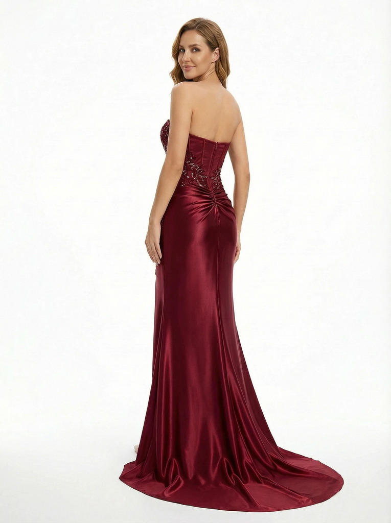 Sexy Strapless Beaded Bodice Prom Gown Modern Sheath Satin Evening Dress with Leg Slit