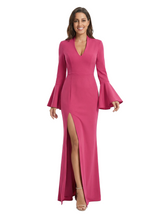 Chicsew Modern V-Neck Side Slit Long Sleeves Gown Flared Cuffs Mother Of The Bride Dresses