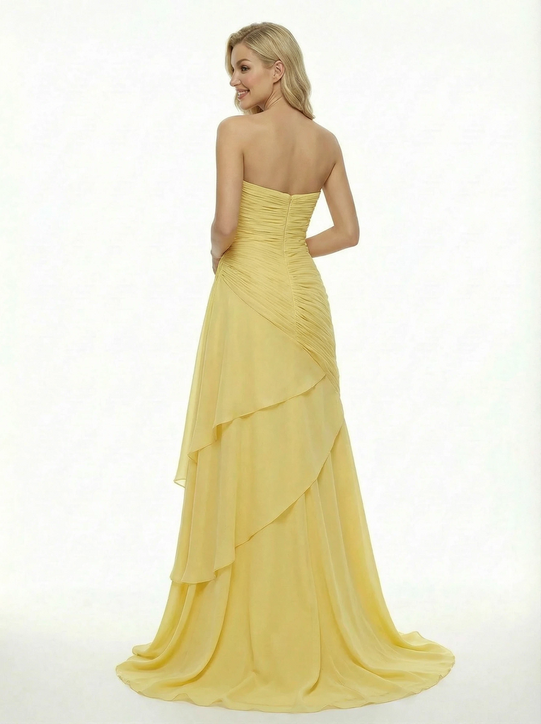 Modern Strapless Ruched Chiffon Gown Beautiful Layered Skirt A-Line Long Prom Dress