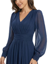 Elegant V-neck Lantern Sleeves Side Slit A-Line Chiffon Mother Of The Bride Dresses