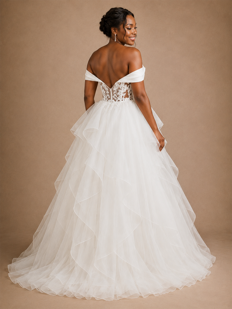 ChicSew Romantic Off The Shoulder Ruffled Tulle A-Line Maxi Wedding Dress With Applique