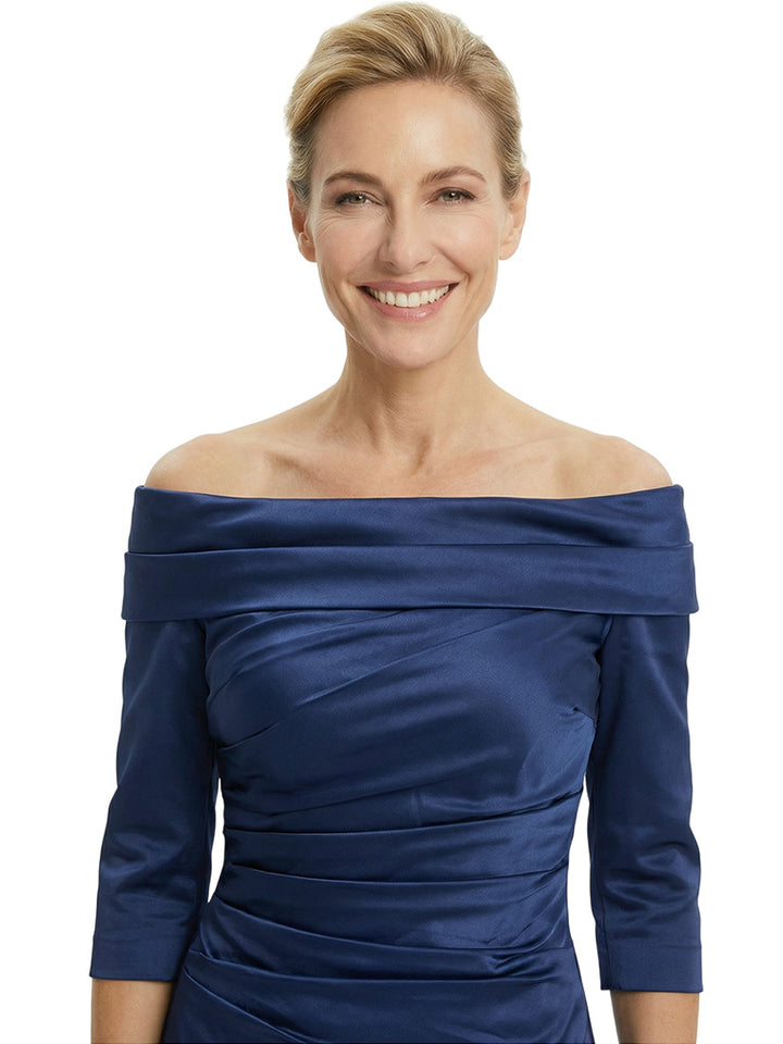 Elegant Off Shoulder 3/4 Sleeves Tea-Length Satin Cocktail Mother Of The Bride Dresses