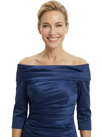Elegant Off Shoulder 3/4 Sleeves Tea-Length Satin Cocktail Mother Of The Bride Dresses