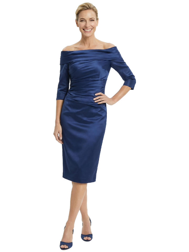 Elegant Off Shoulder 3/4 Sleeves Tea-Length Satin Cocktail Mother Of The Bride Dresses