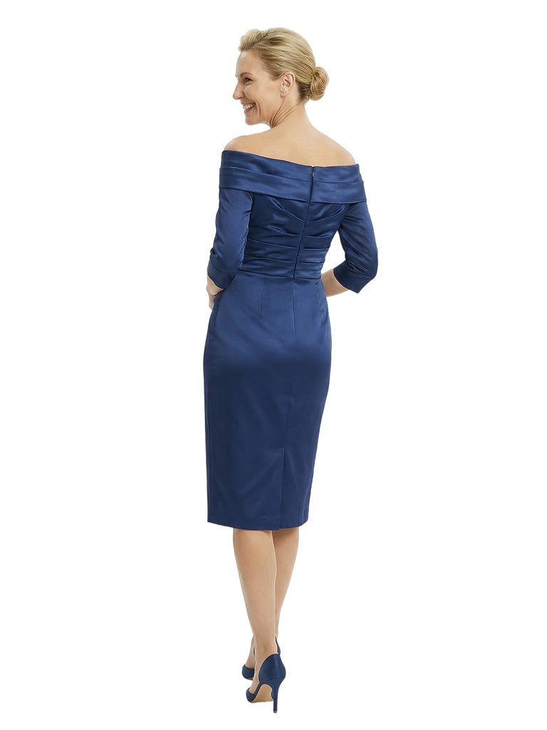 Elegant Off Shoulder 3/4 Sleeves Tea-Length Satin Cocktail Mother Of The Bride Dresses