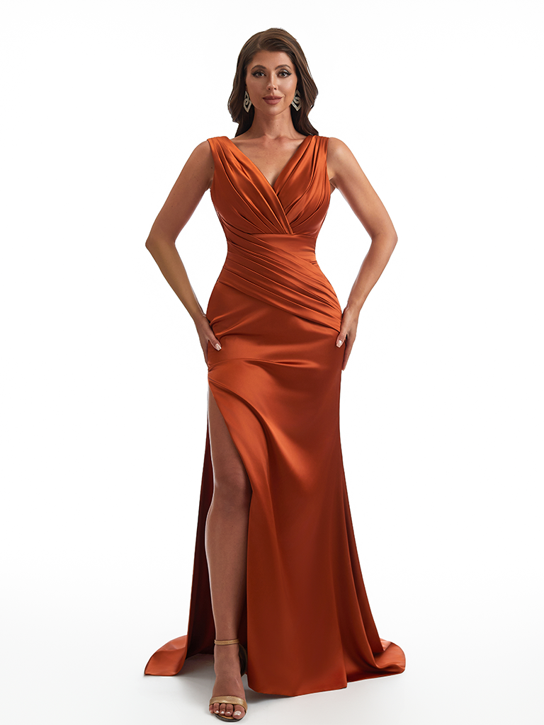 Sexy V-Neck Side Slit Mermaid Ruched Satin Long Bridesmaid Dresses Online