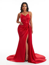 Sexy Mermaid Spaghetti Straps Ruched Side Slit Soft Satin Long Bridesmaid Dresses Online