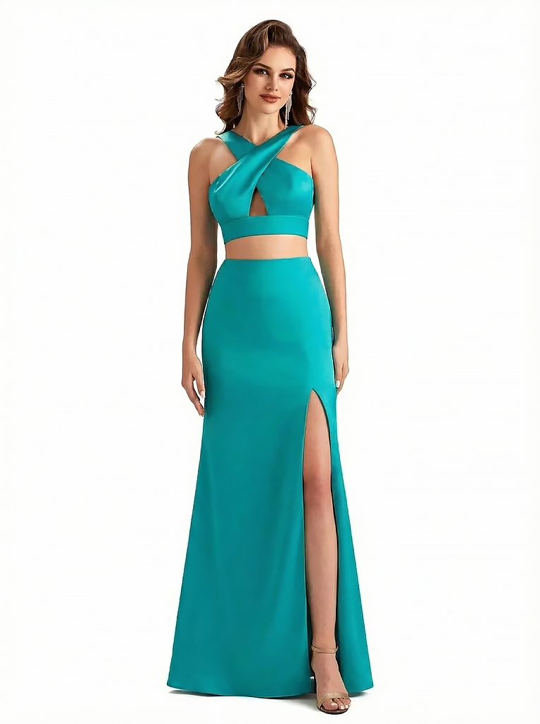 Sexy Side Slit Mermaid Silky Satin Halter Two Pieces Long Formal Dresses