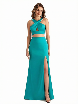 Sexy Side Slit Mermaid Silky Satin Halter Two Pieces Long Formal Dresses
