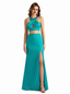 Sexy Side Slit Mermaid Silky Satin Halter Two Pieces Long Formal Dresses