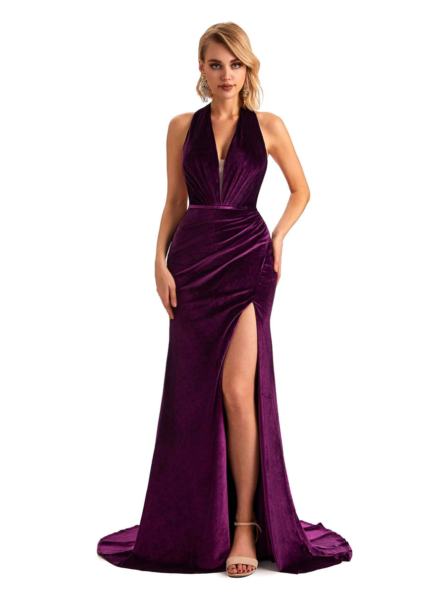 Sexy Backless Mermaid Halter Side Slit Velvet Long Bridesmaid Dresses Online