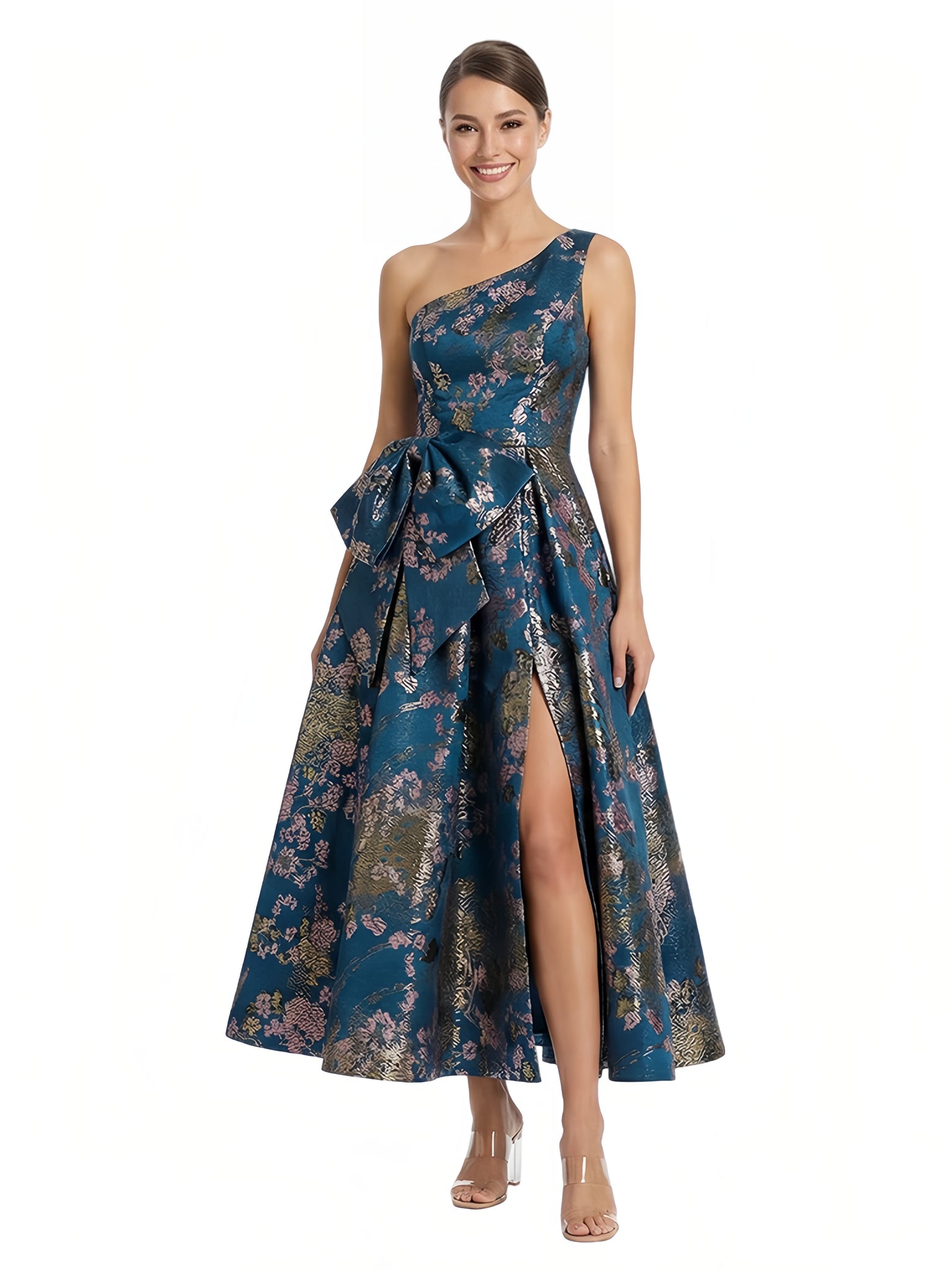 Elegant Floral One Shoulder A-Line Tea-length Formal Evening Dresses