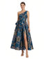 Elegant Floral One Shoulder A-Line Tea-length Formal Evening Dresses