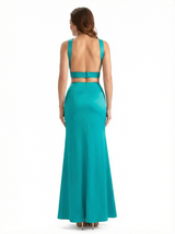 Sexy Side Slit Mermaid Silky Satin Halter Two Pieces Long Formal Dresses