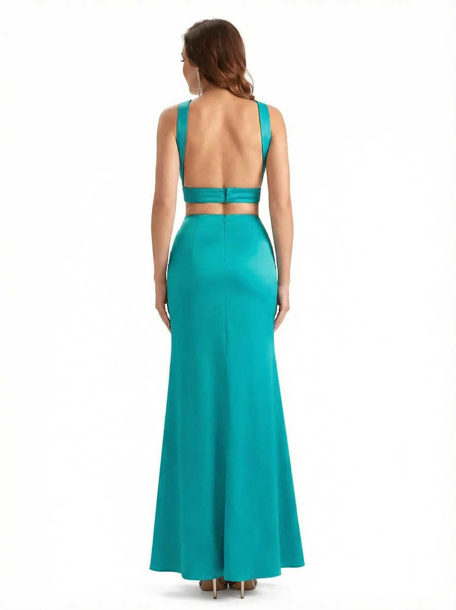 Sexy Side Slit Mermaid Silky Satin Halter Two Pieces Long Formal Dresses