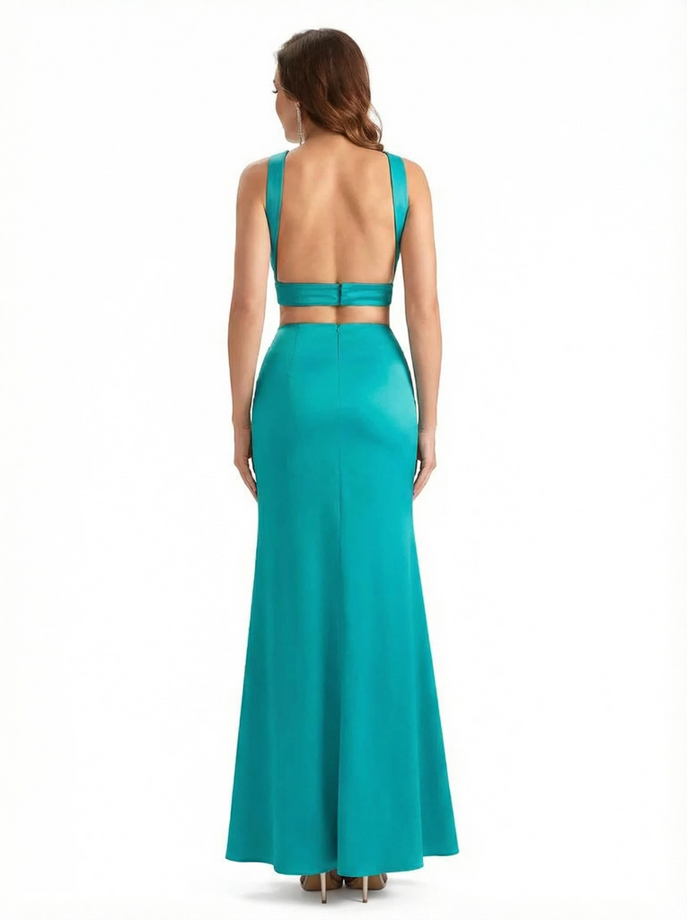 Sexy Side Slit Mermaid Silky Satin Halter Two Pieces Long Formal Dresses
