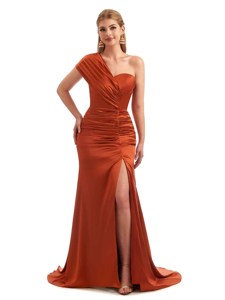 Sophisticated Satin One Shoulder Ruched Slit Boho Bridesmaid Dresses