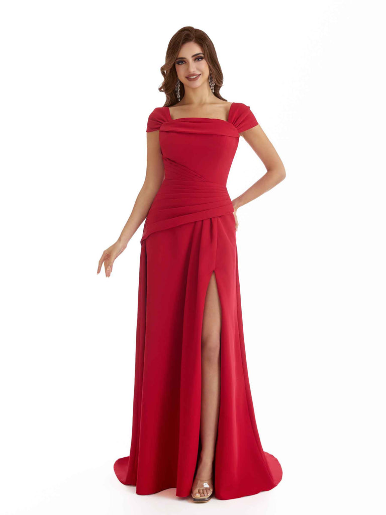 Elegant Cap Sleeves Mermaid Side Split Stretchy Crepe Long Formal Bridesmaid Dresses