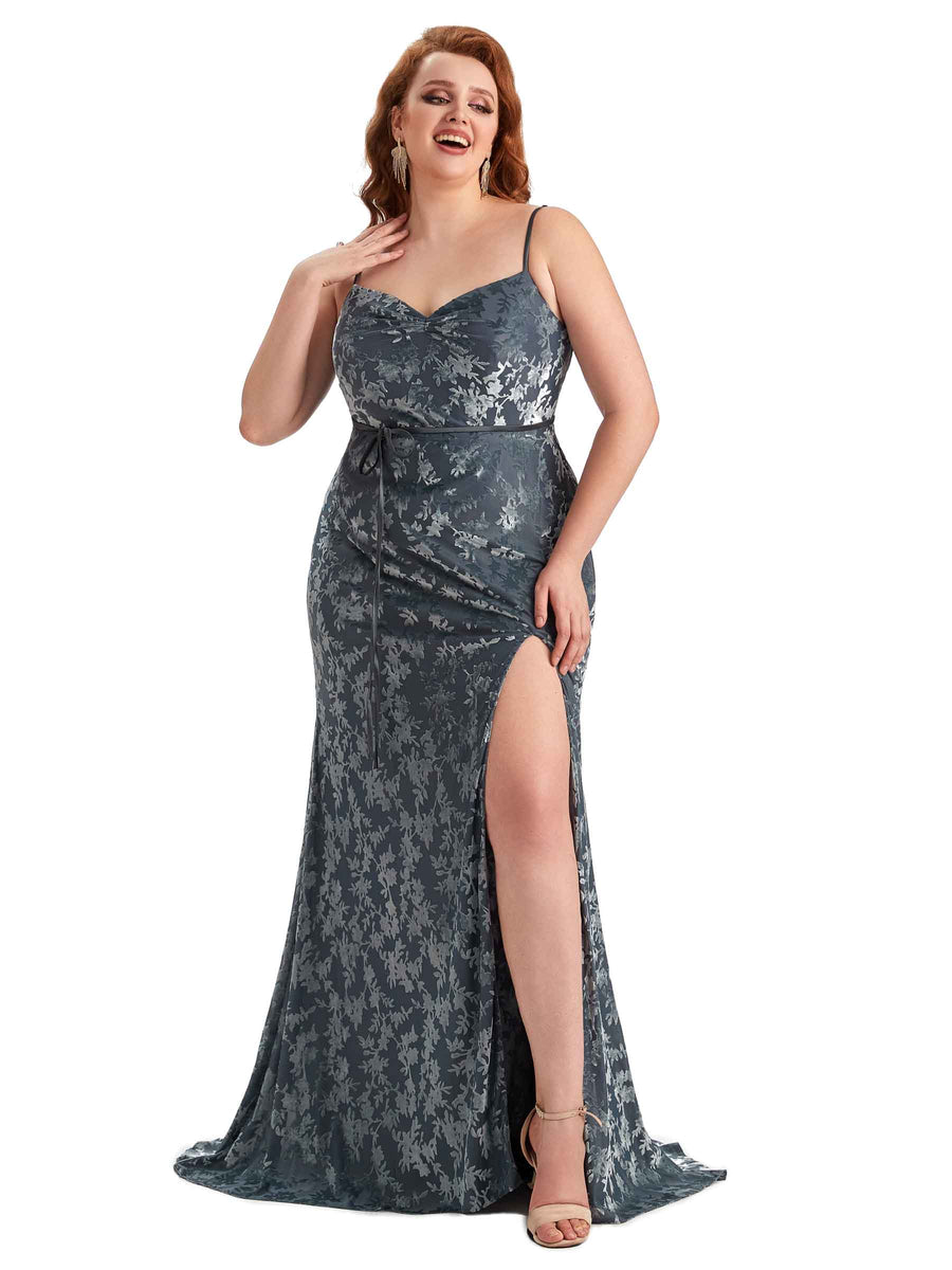 Plus Size Sexy Side Split Mermaid Spaghetti Straps Floral Velvet Long Bridesmaid Gowns