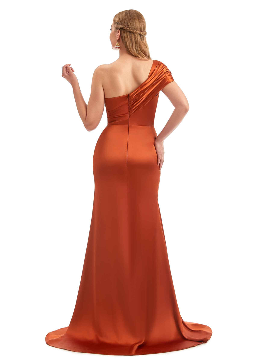 Sophisticated Satin One Shoulder Ruched Slit Boho Bridesmaid Dresses