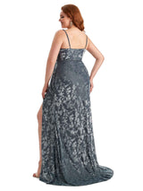 Plus Size Sexy Side Split Mermaid Spaghetti Straps Floral Velvet Long Bridesmaid Gowns