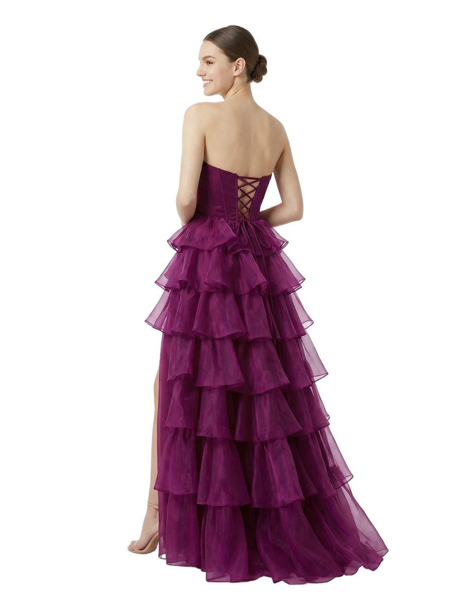 Sexy Strapless Sweetheart Ruched Corset Side Slit A-Line Tulle Maxi Prom Dress