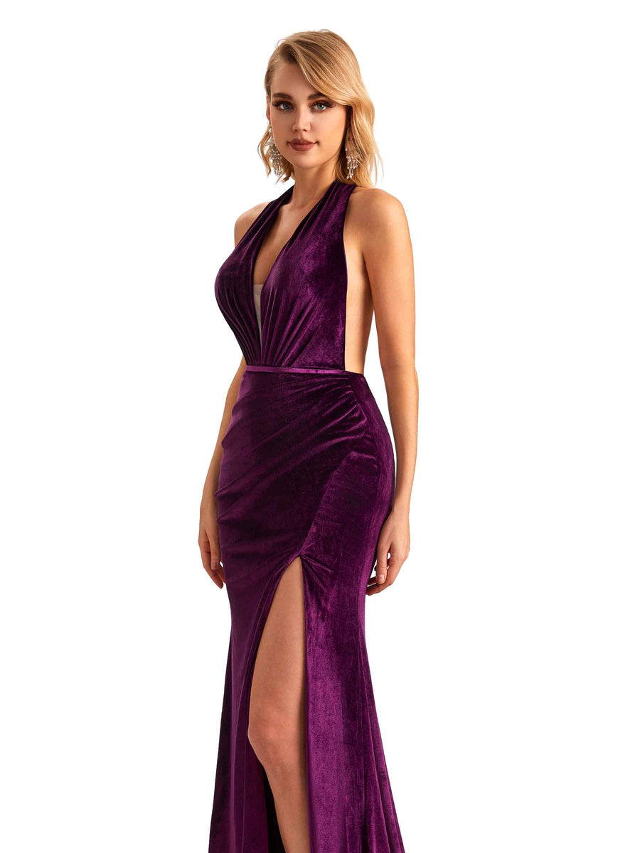 Sexy Backless Mermaid Halter Side Slit Velvet Long Bridesmaid Dresses Online