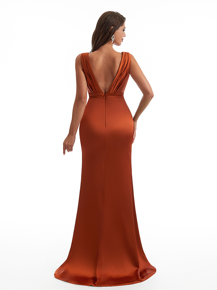 Sexy V-Neck Side Slit Mermaid Ruched Satin Long Bridesmaid Dresses Online