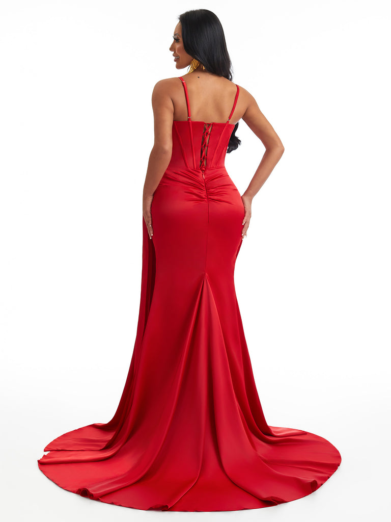 Sexy Mermaid Spaghetti Straps Ruched Side Slit Soft Satin Long Bridesmaid Dresses Online
