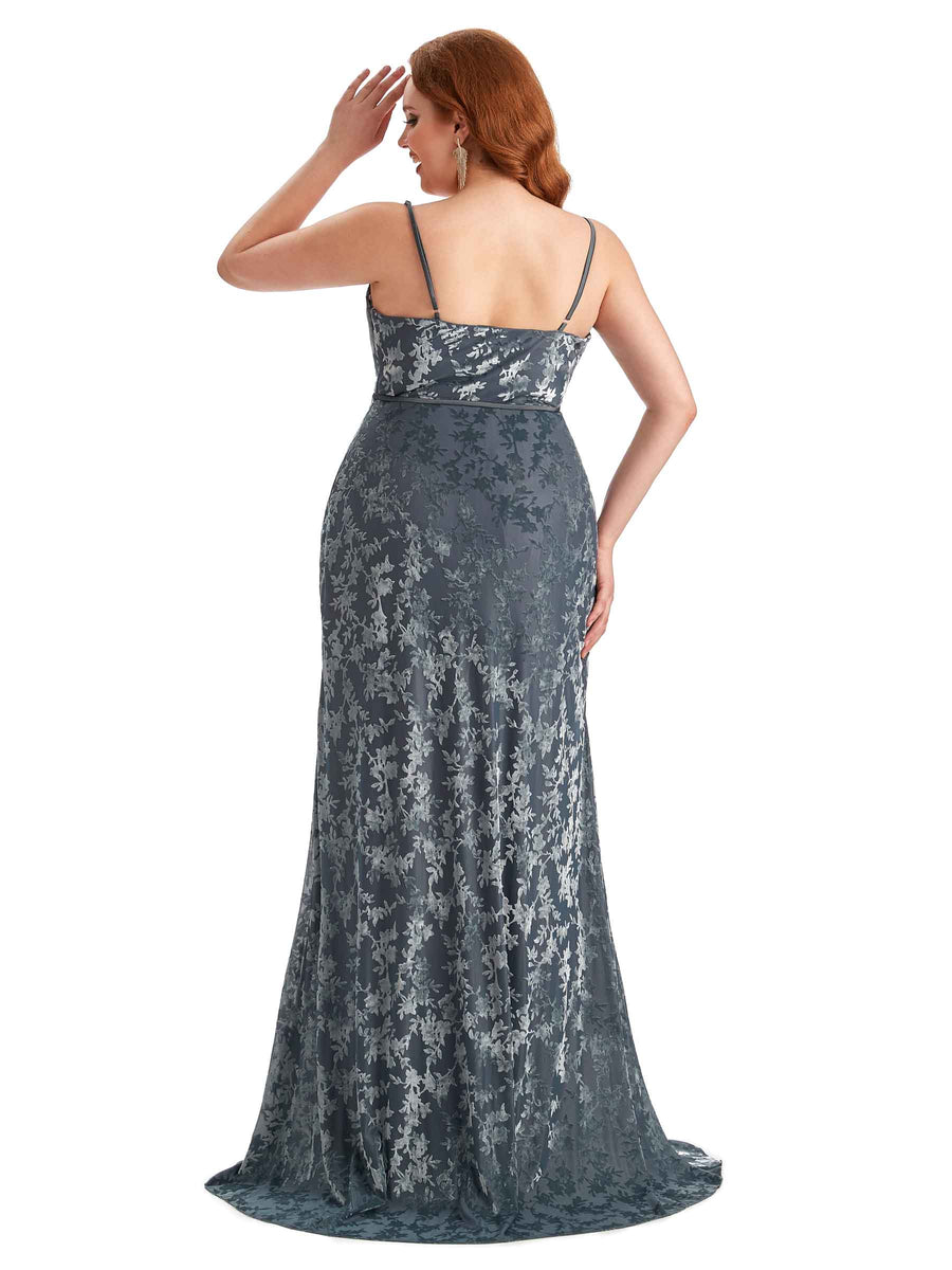 Plus Size Sexy Side Split Mermaid Spaghetti Straps Floral Velvet Long Bridesmaid Gowns