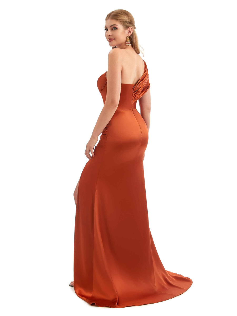 Sophisticated Satin One Shoulder Ruched Slit Boho Bridesmaid Dresses