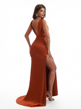 Sexy V-Neck Side Slit Mermaid Ruched Satin Long Bridesmaid Dresses Online