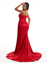 Sexy Mermaid Spaghetti Straps Ruched Side Slit Soft Satin Long Bridesmaid Dresses Online