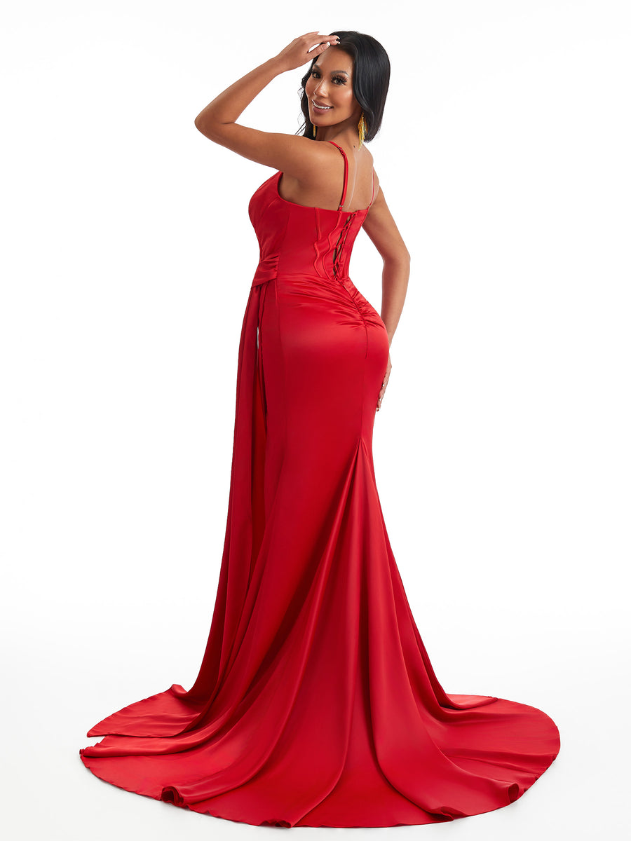 Sexy Mermaid Spaghetti Straps Ruched Side Slit Soft Satin Long Bridesmaid Dresses Online