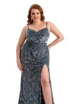 Plus Size Sexy Side Split Mermaid Spaghetti Straps Floral Velvet Long Bridesmaid Gowns