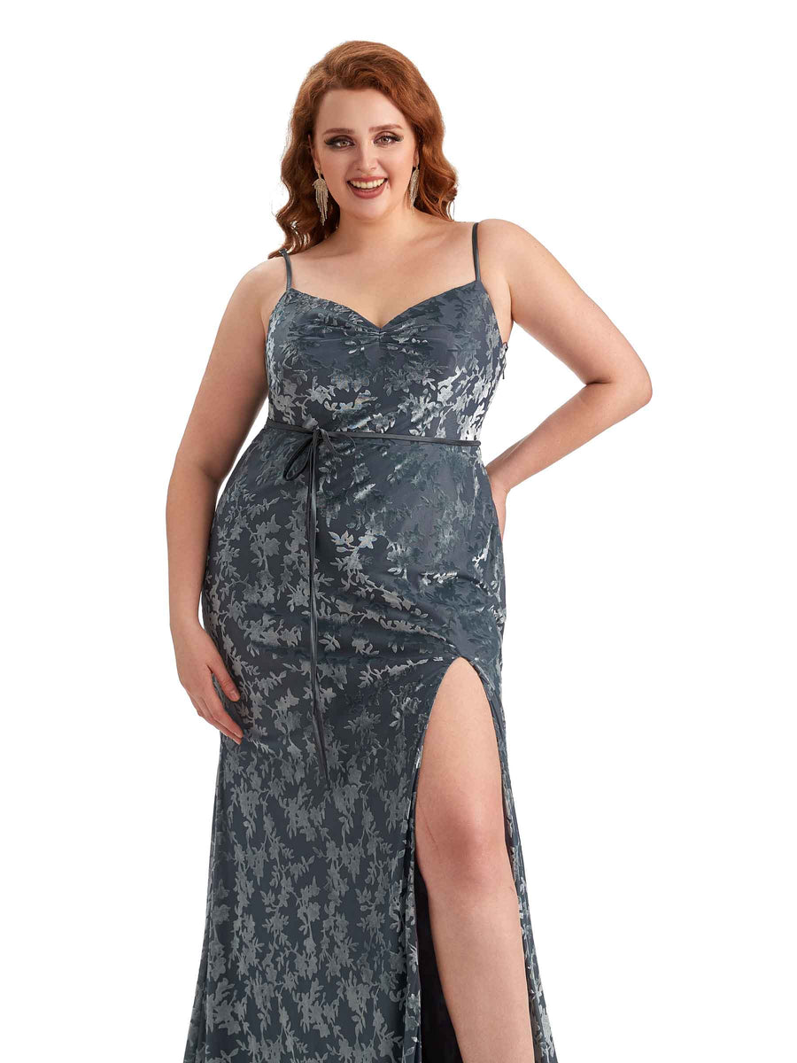 Plus Size Sexy Side Split Mermaid Spaghetti Straps Floral Velvet Long Bridesmaid Gowns