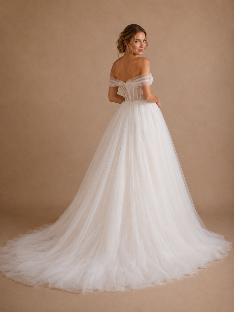 ChicSew Romantic Boning Off The Shoulder Lace Tulle A-Line Long Wedding Dresses