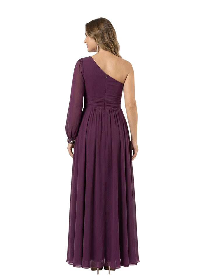 Sexy One Shoulder Long Sleeve  A-Line Mother of The Bride Chiffon Flowy Party Gown