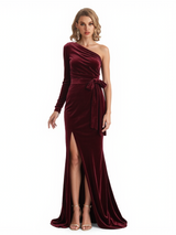 Sexy One Shoulder Velvet Mermaid Side Slit Long Winter Evening Dresses for Women