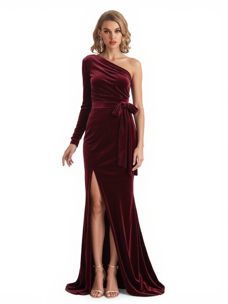 Sexy One Shoulder Velvet Mermaid Side Slit Long Winter Evening Dresses for Women
