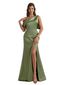 Modern Asymmetical Neckline Silky Satin Mermaid Long Evning Formal Dresses Side Slit