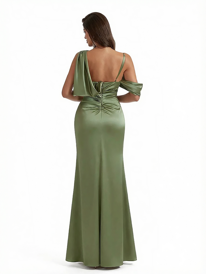 Modern Asymmetical Neckline Silky Satin Mermaid Long Evning Formal Dresses Side Slit