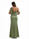 Modern Asymmetical Neckline Silky Satin Mermaid Long Evning Formal Dresses Side Slit