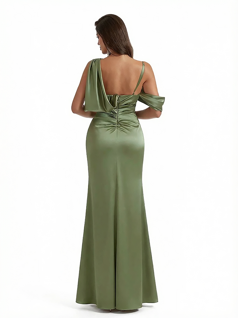 Modern Asymmetical Neckline Silky Satin Mermaid Long Evning Formal Dresses Side Slit