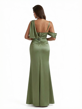 Modern Asymmetical Neckline Silky Satin Mermaid Long Evning Formal Dresses Side Slit
