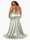 ChicSew Elegant Spaghetti Straps Mermaid Soft Satin Side Slit Floor-Length Bridesmaid Dresses With Lace Applique