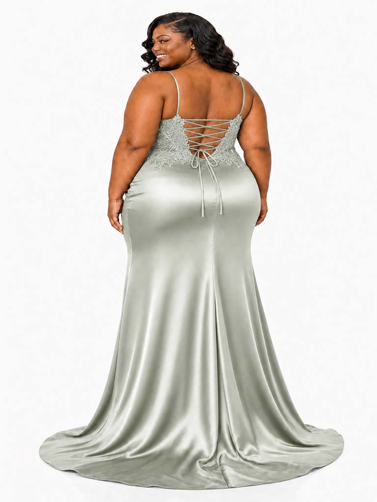 ChicSew Elegant Spaghetti Straps Mermaid Soft Satin Side Slit Floor-Length Bridesmaid Dresses With Lace Applique