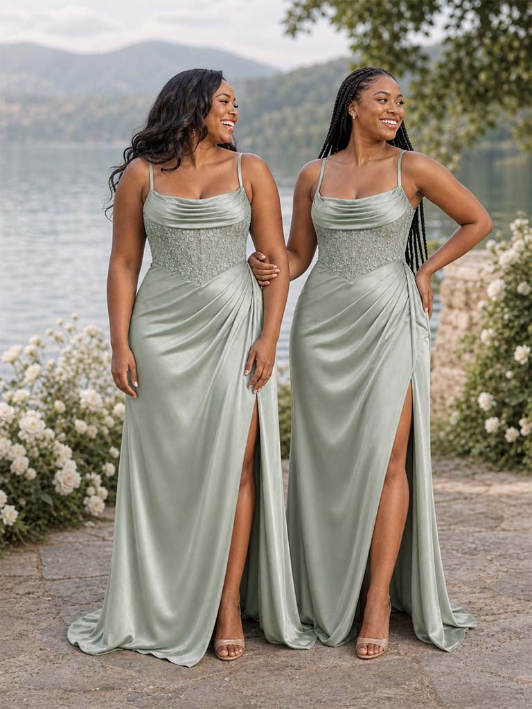ChicSew Elegant Spaghetti Straps Mermaid Soft Satin Side Slit Floor-Length Bridesmaid Dresses With Lace Applique