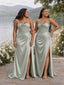 ChicSew Elegant Spaghetti Straps Mermaid Soft Satin Side Slit Floor-Length Bridesmaid Dresses With Lace Applique