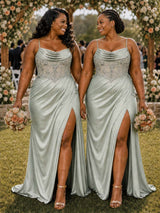 ChicSew Elegant Spaghetti Straps Mermaid Soft Satin Side Slit Floor-Length Bridesmaid Dresses With Lace Applique